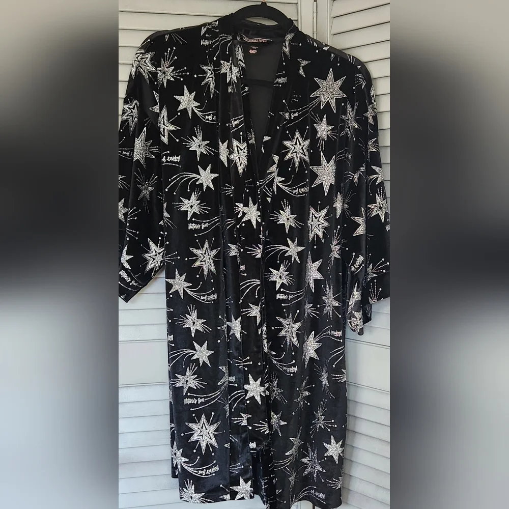 Victoria's Srcret Black Velvet Star Glitter Limited Edition Robe Kimono M/L - Picture 3 of 11